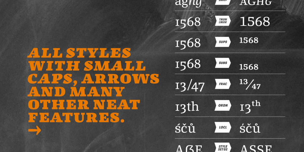 Schriftmuster der Schrift LD Elsnac von Kai Büschl. Auf dunkelgrauem Grund steht der englische Text: „All Styles with small caps, arrows and many other neat features.“ Dieser Text ist versal, fett, kursiv und orange ausgezeichnet. Rechts daneben sind Beispiele für die Features in weiss abgebildet.