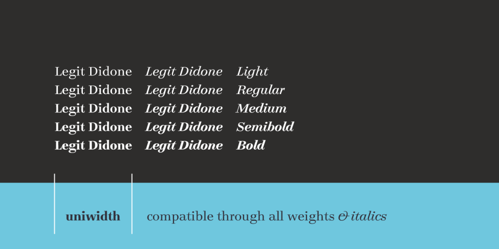 Schriftmuster der Schrift Legit Didone von H. D. Heitmann. Mit den Wörter Legit Didone werden die Schriftschnitte Light, Regular, Medium, Semibold, Bold gezeigt. Alle Wörter sind dank des innovativen Uniwidth-Systems gleich lang.