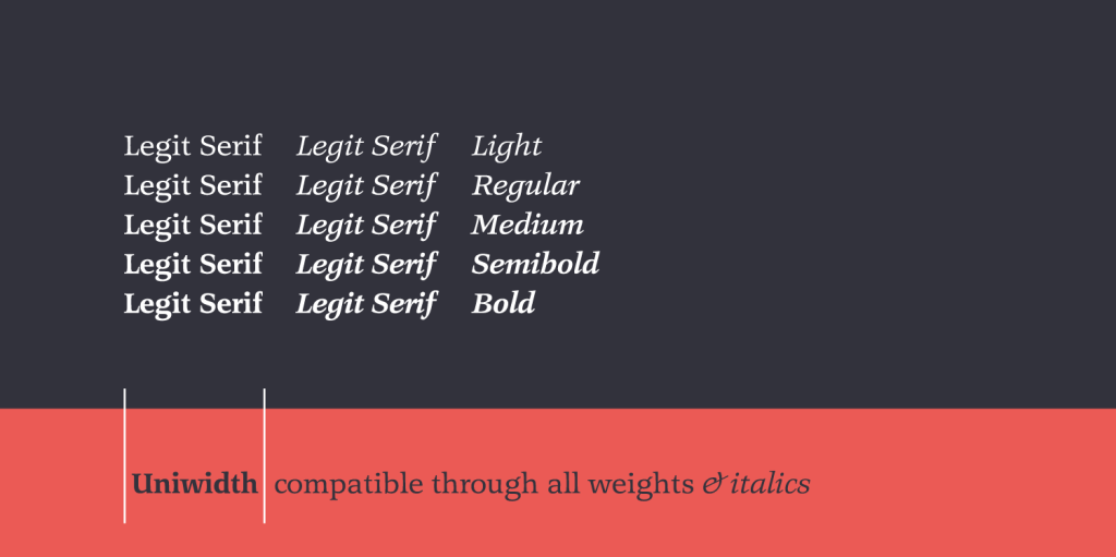 Schriftmuster der Schrift Legit Serif von H. D. Heitmann. Mit den Wörtern Legit Serif werden die Schriftschnitte Light, Regular, Medium, Semibold, Bold gezeigt. Alle Wörter sind dank des innovativen Uniwidth-Systems gleich lang.
