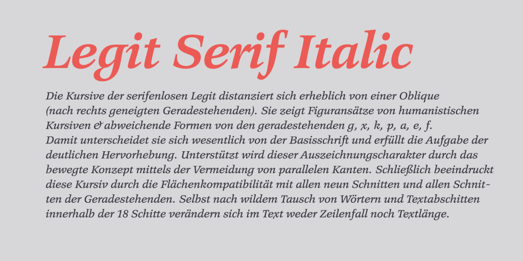 Schriftmuster der Schrift Legit Serif von H. D. Heitmann. Der kursive Schriftschnitt wird gezeigt.