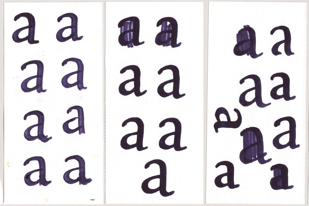 Wolfgang Homola – diverse Varianten des kleinen zweistöckigen Buchstaben a für die Schrift Soleil