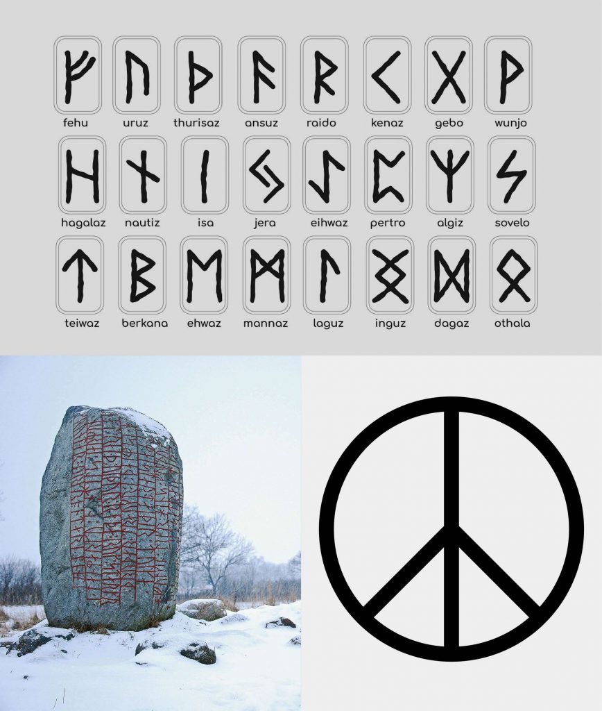Abbildung mit Runen – einzelne Zeichen und auf einem Stein
